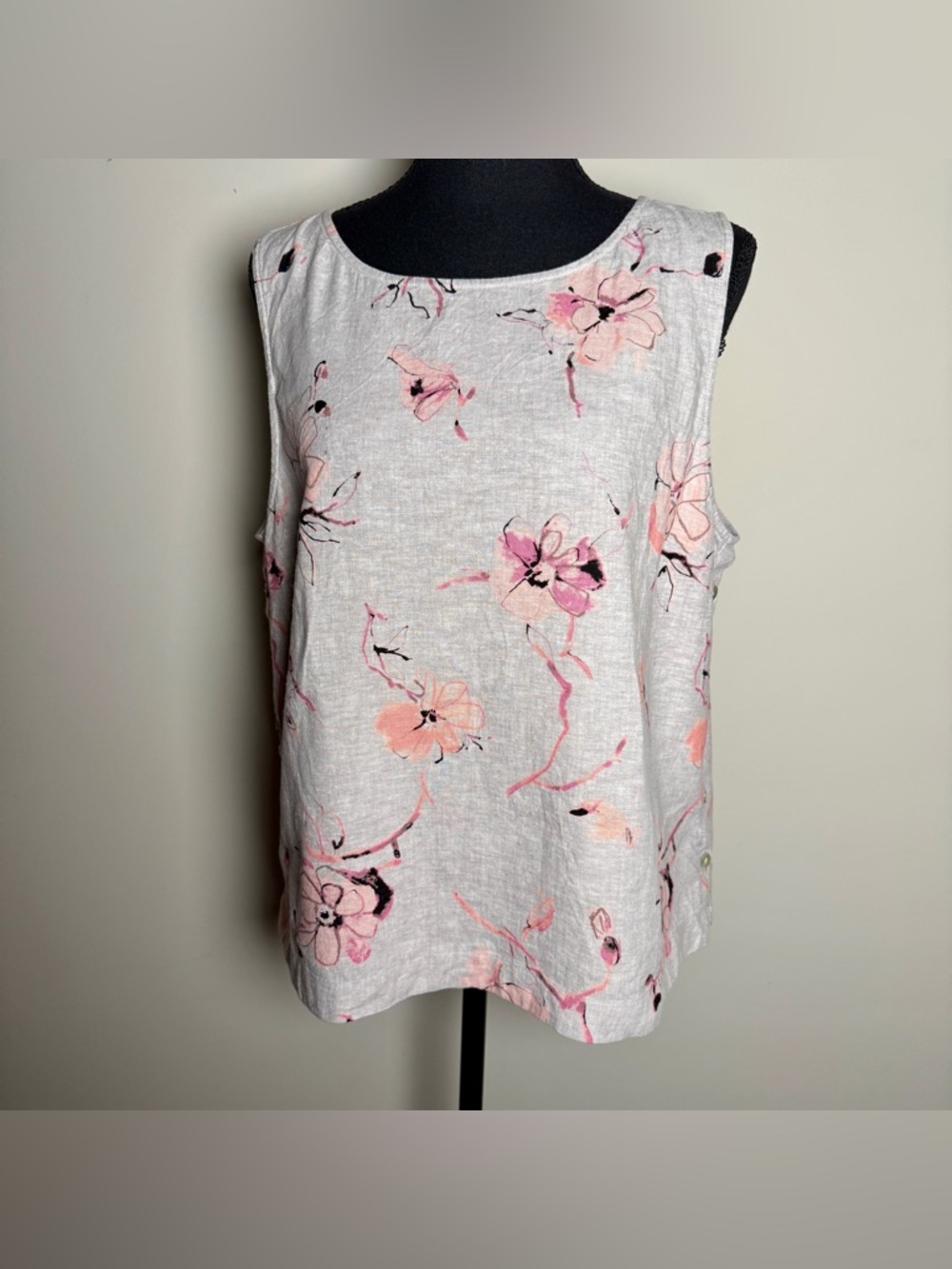 Habitat Linen Tank Top | L | Gray Pink Watercolor Floral Button Hem Resortwear